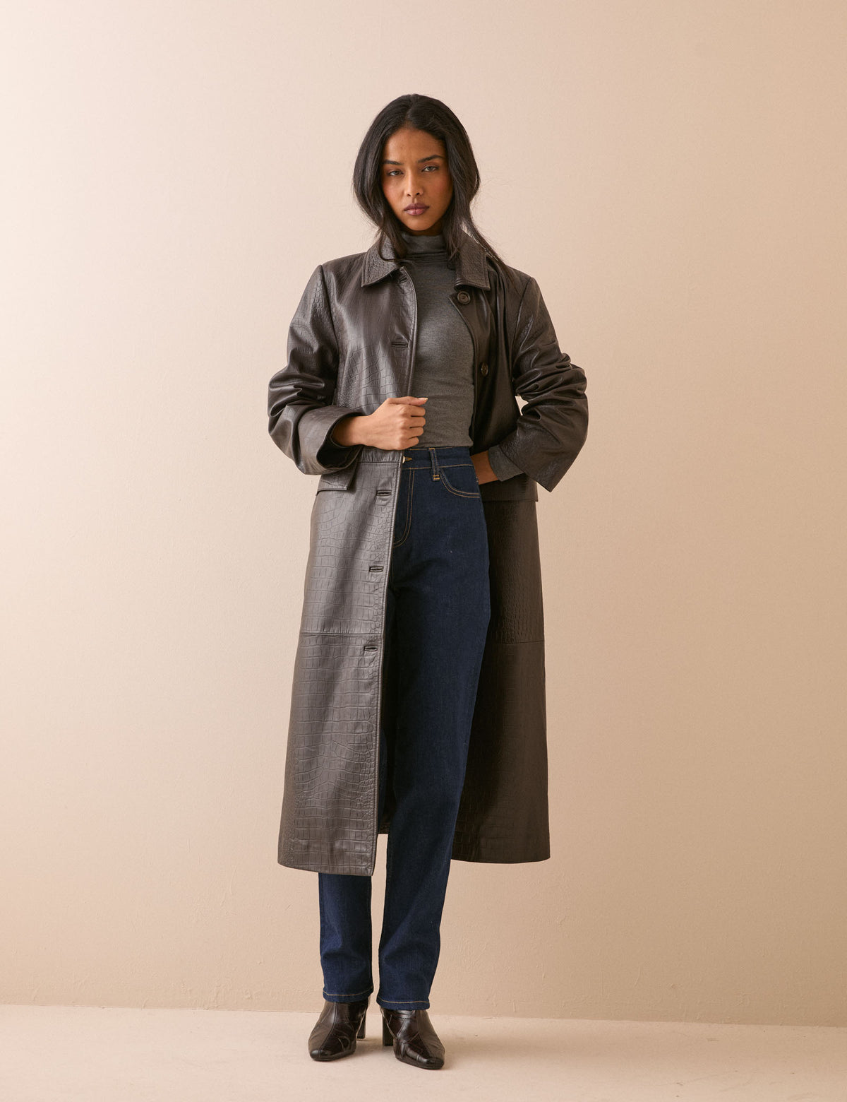 Dark Brown Croc-Embossed Leather Coat