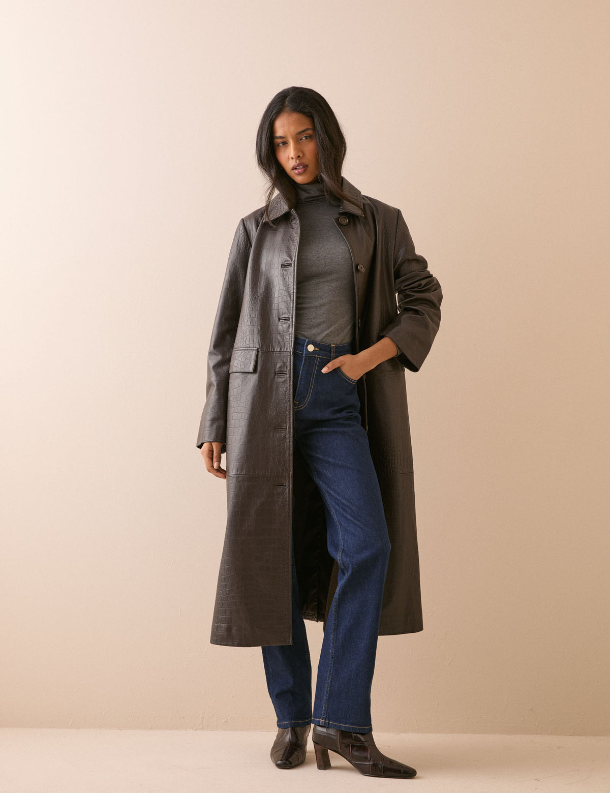 Dark Brown Croc-Embossed Leather Coat