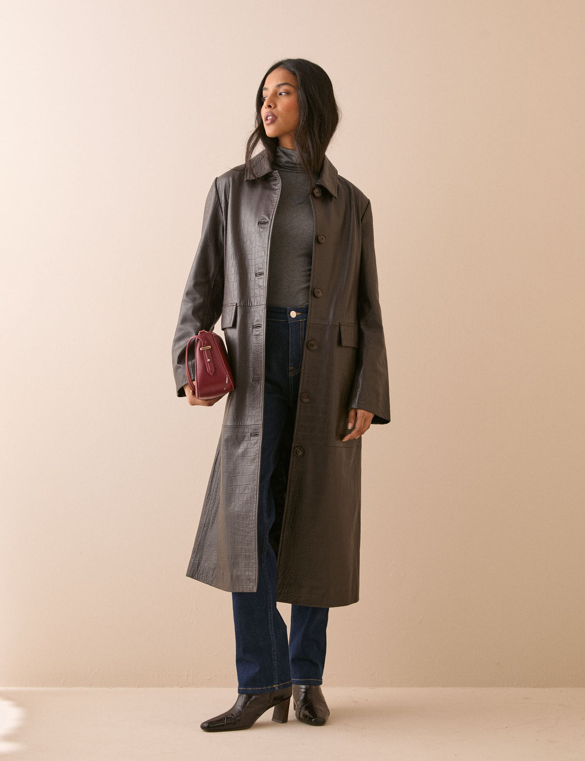 Dark Brown Croc-Embossed Leather Coat