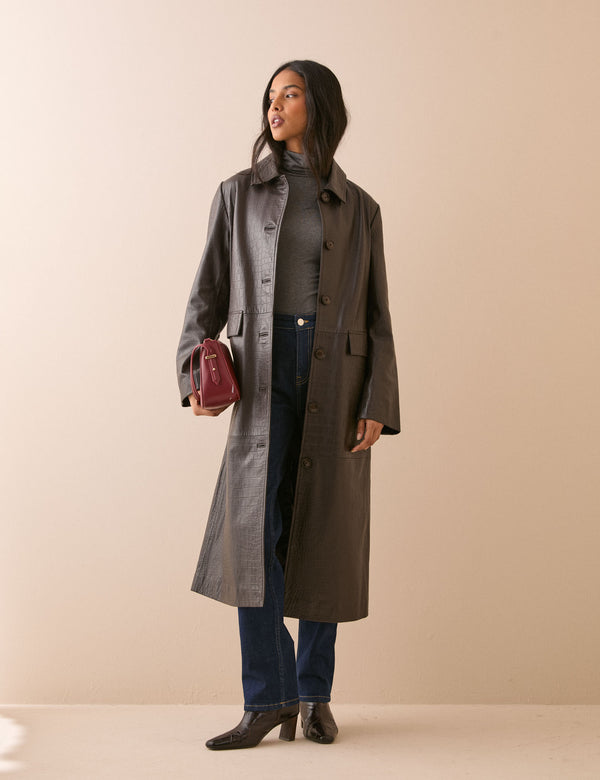 Dark Brown Croc-Embossed Leather Coat