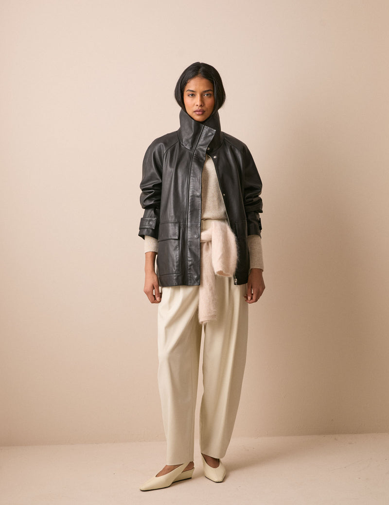 Black leather funnel neck jacket