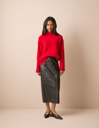Black leather column midi skirt