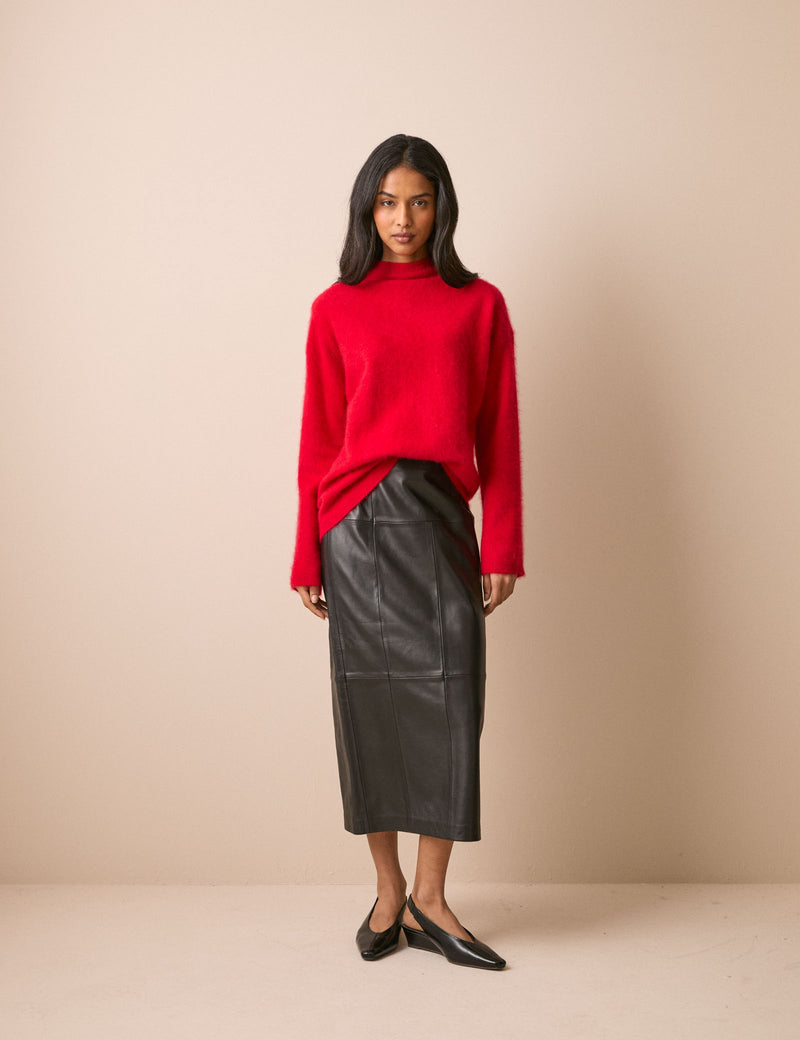 Black leather column midi skirt