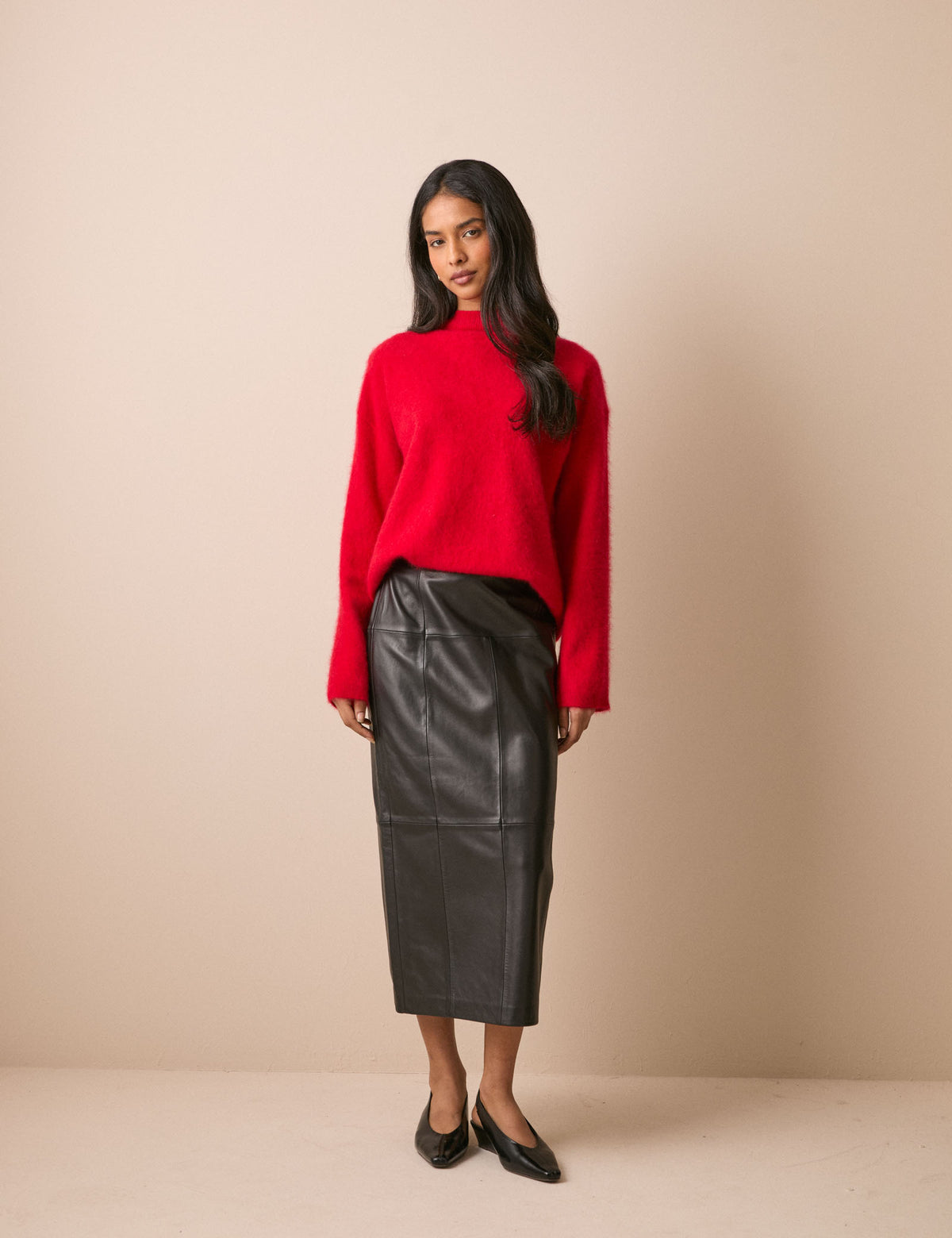 Black leather midi column skirt