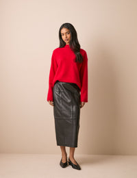 Black leather midi column skirt