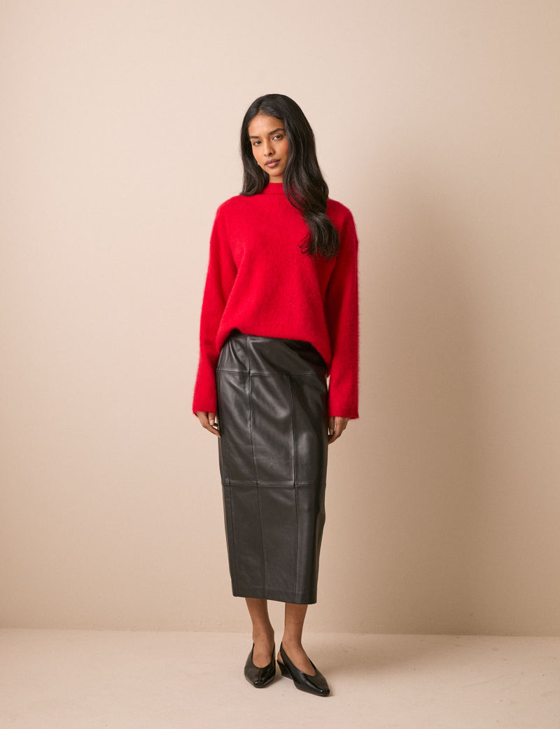 Black leather midi column skirt