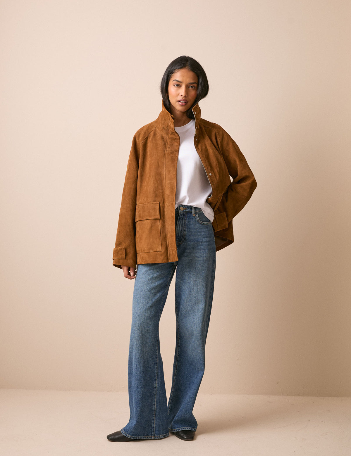 Tan suede funnel neck jacket with pockets