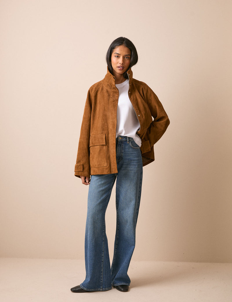 Tan suede funnel neck jacket with pockets