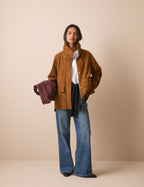 Tan suede funnel neck jacket