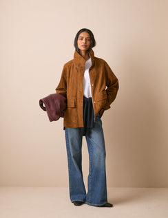 Tan suede funnel neck jacket