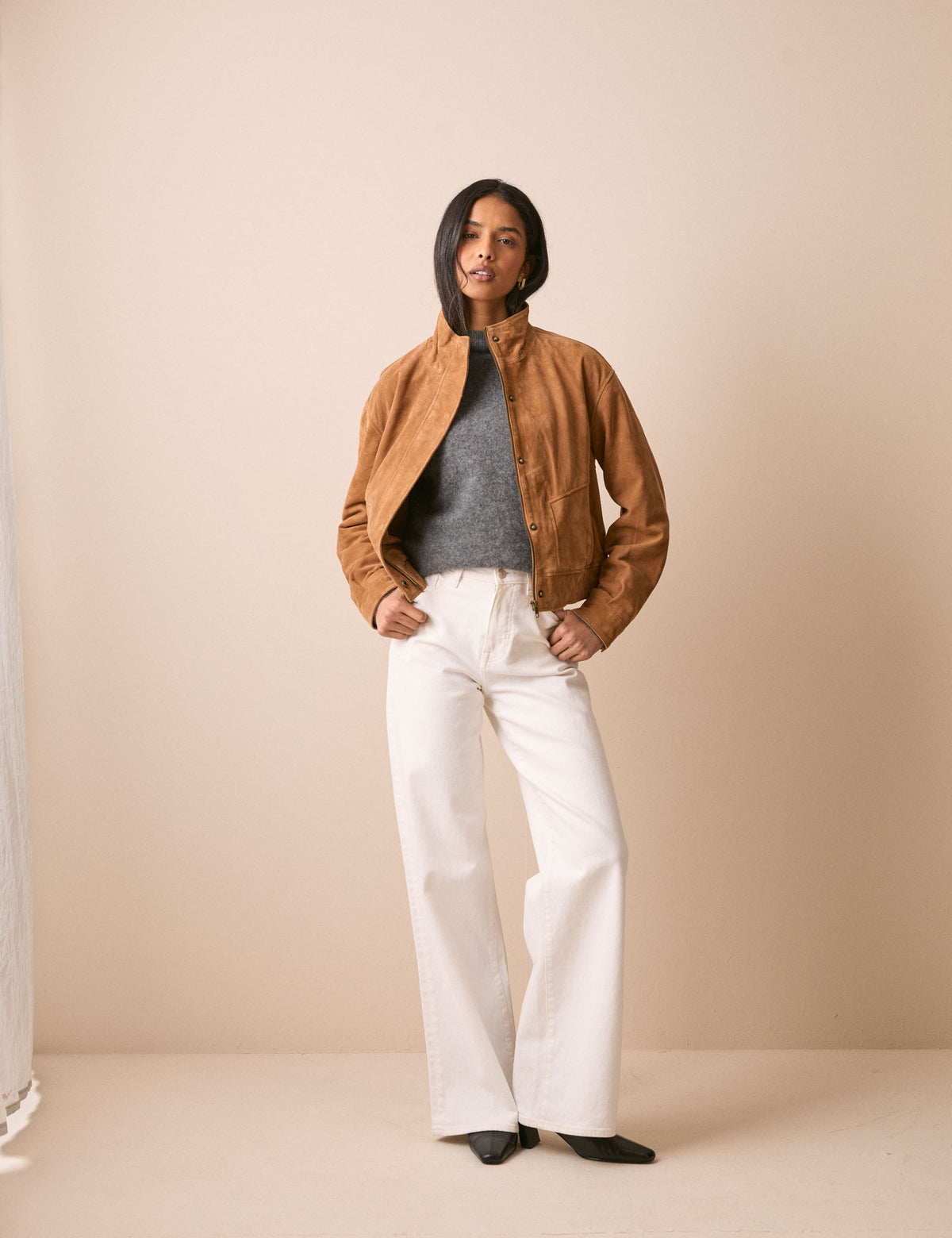 Brown Funnel Neck Suede Bomber