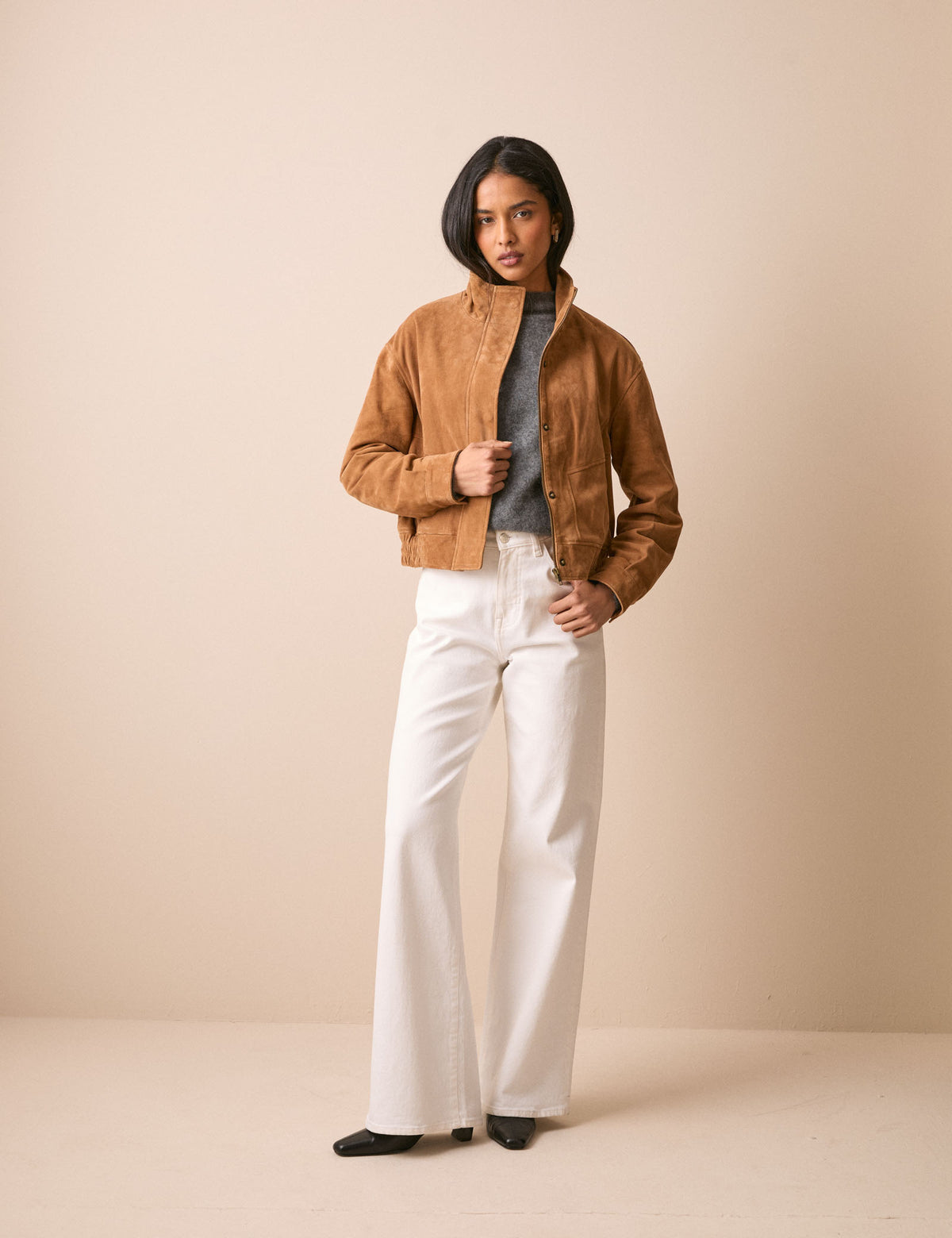 Brown Funnel Neck Suede Bomber