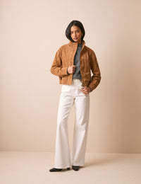 Brown Funnel Neck Suede Bomber