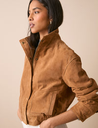 Brown Funnel Neck Suede Bomber