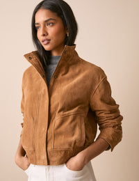 Brown Funnel Neck Suede Bomber