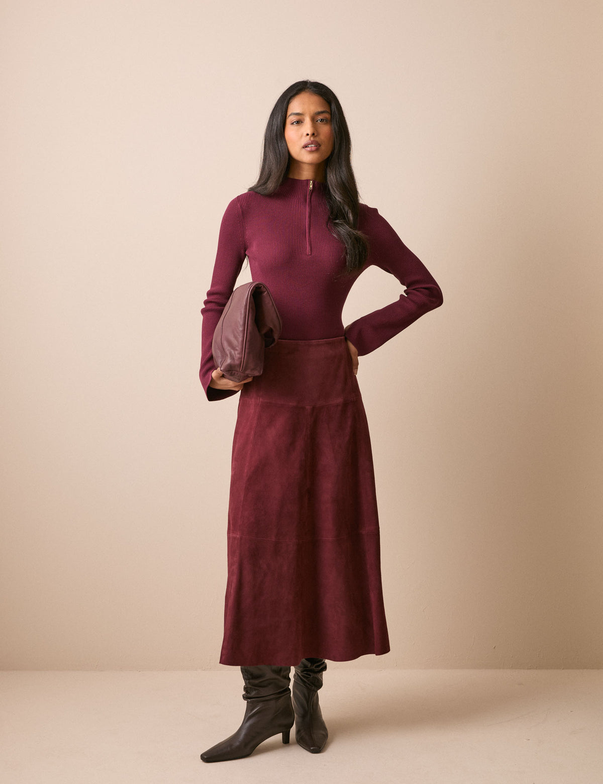 Burgundy suede midi skirt