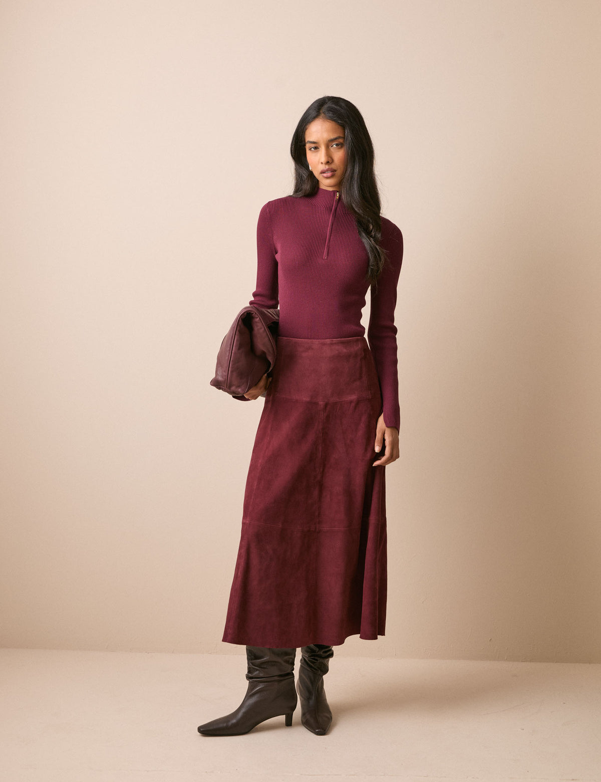 Burgundy suede midi skirt