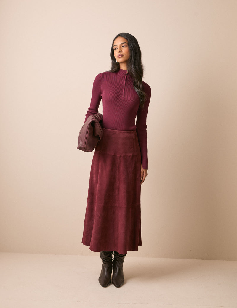 Burgundy suede panelled midi skirt