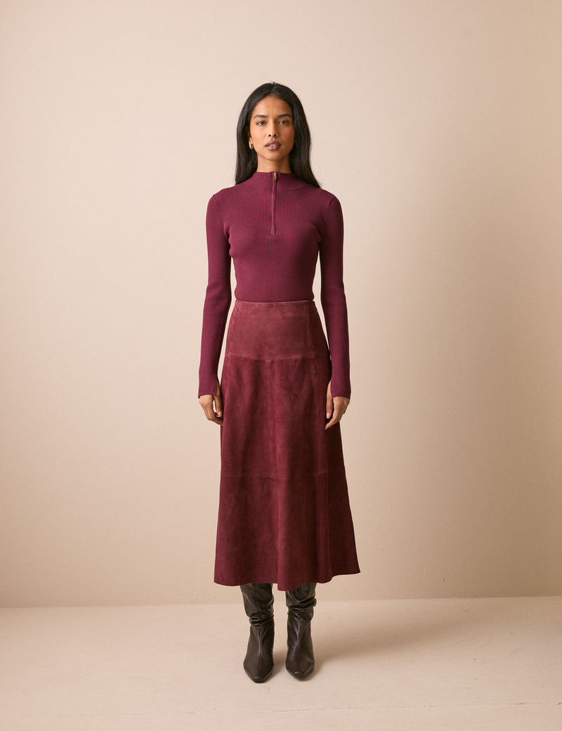 Front view of burgundy suede midi skirt