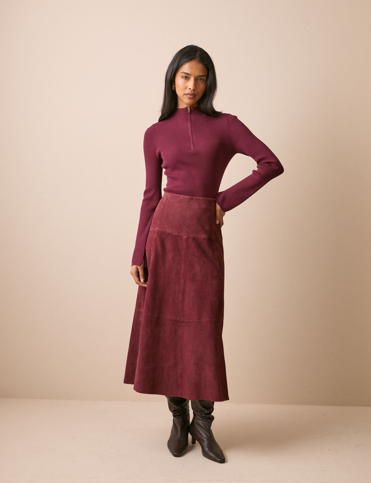 Burgundy suede panelled midi skirt