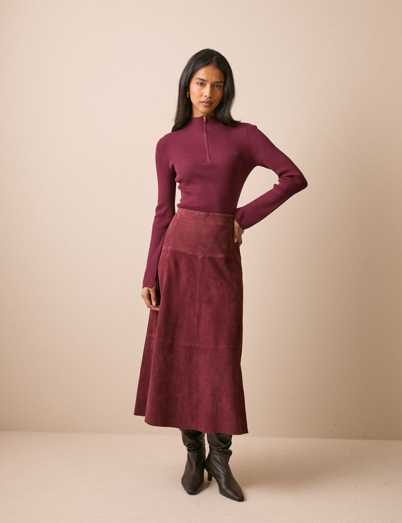 Burgundy suede panelled midi skirt