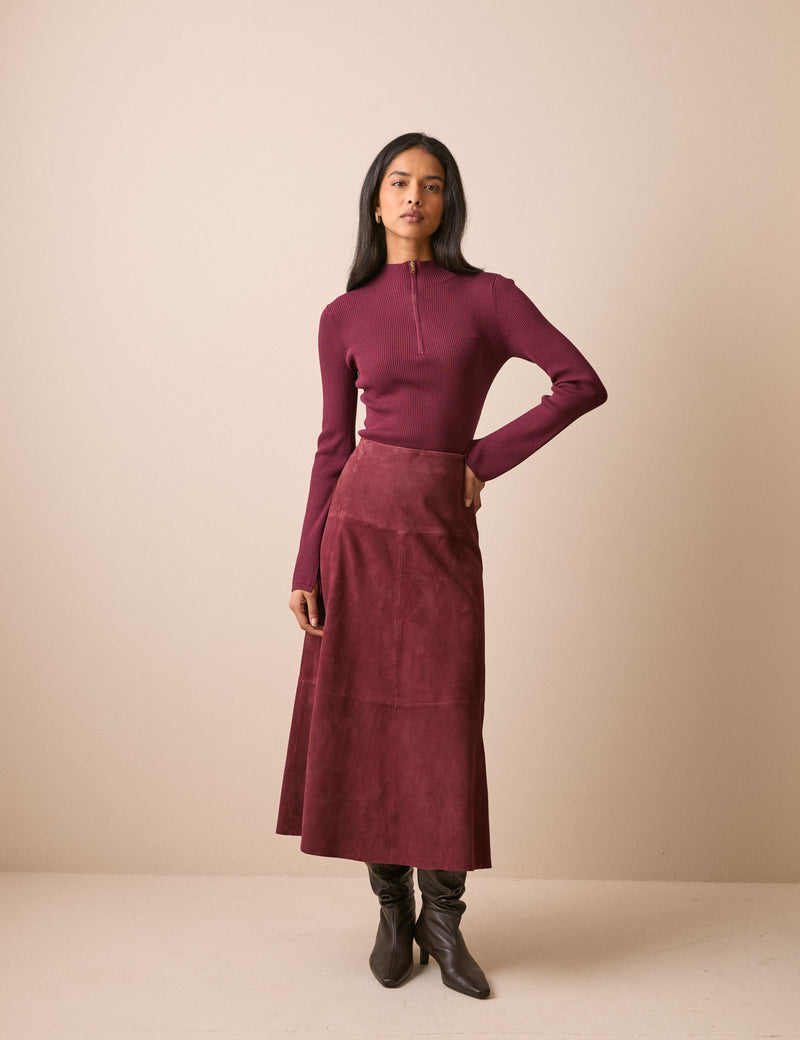 Burgundy suede midi skirt