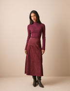 Burgundy suede panelled midi skirt