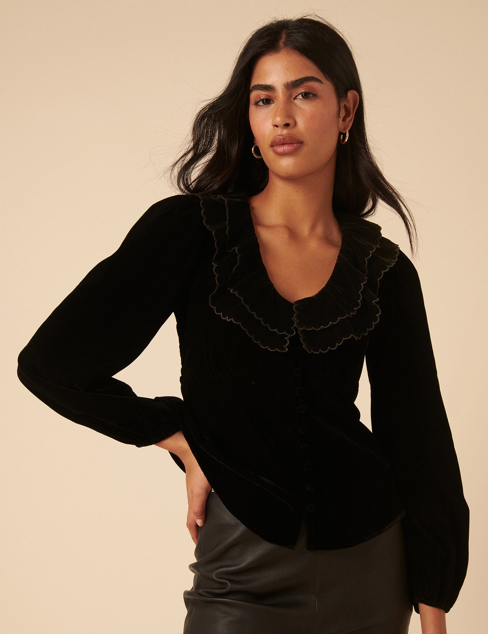 Black Velvet Ruffle Collared Blouse