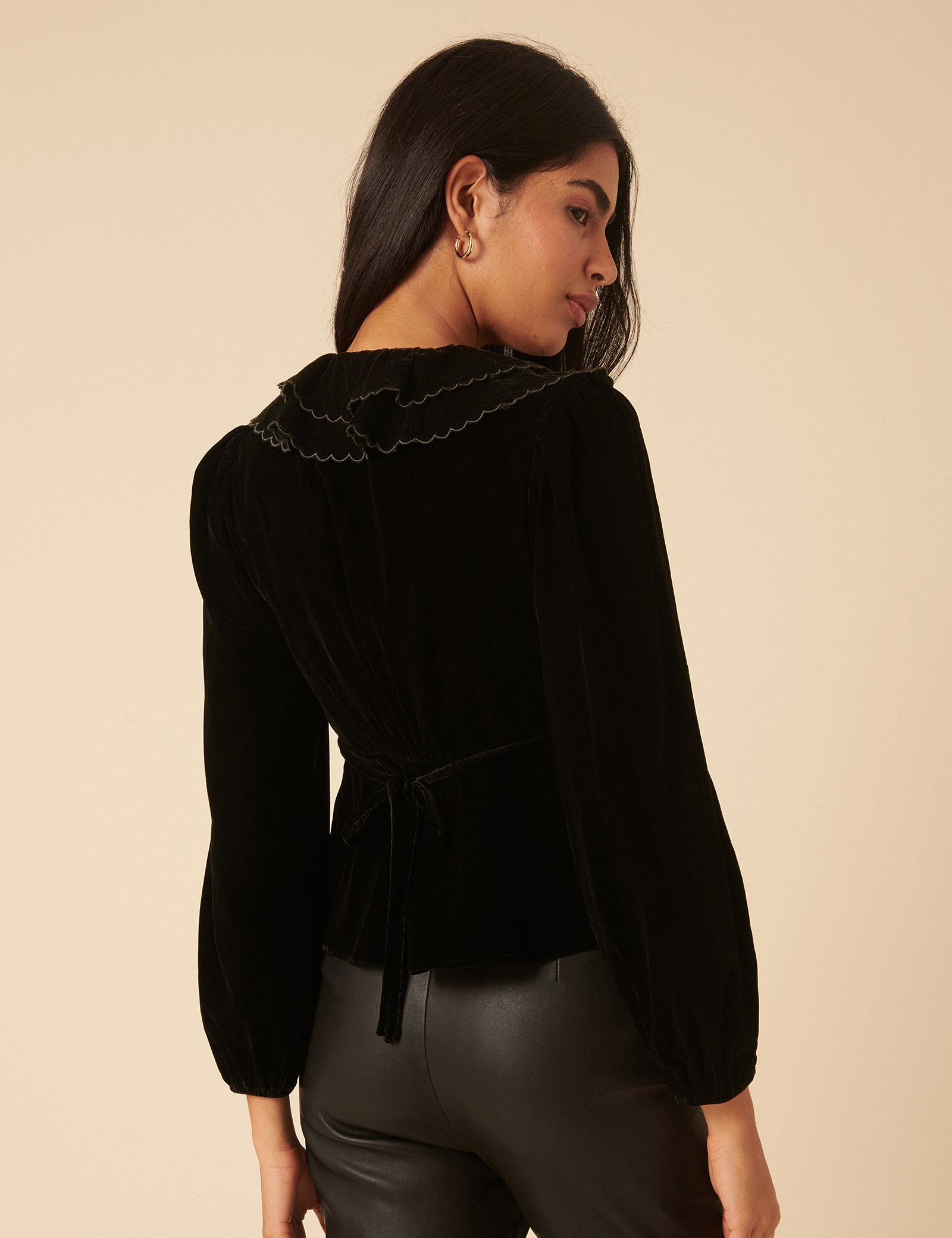 Black Velvet Ruffle Collared Blouse