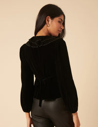 Black Velvet Ruffle Collared Blouse