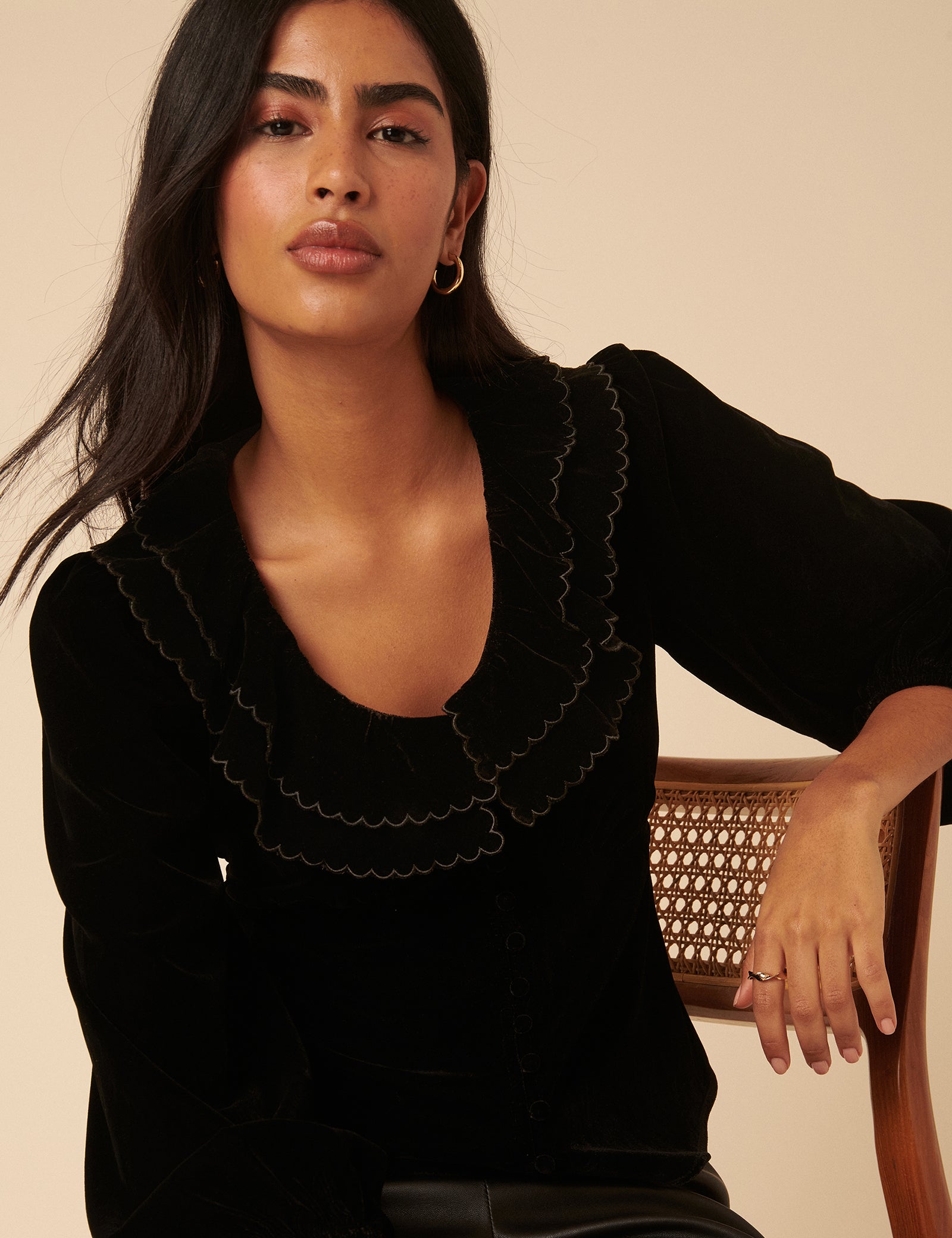 Black Velvet Ruffle Collared Blouse