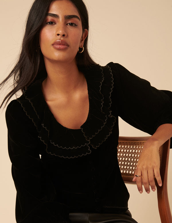 Black Velvet Ruffle Collared Blouse
