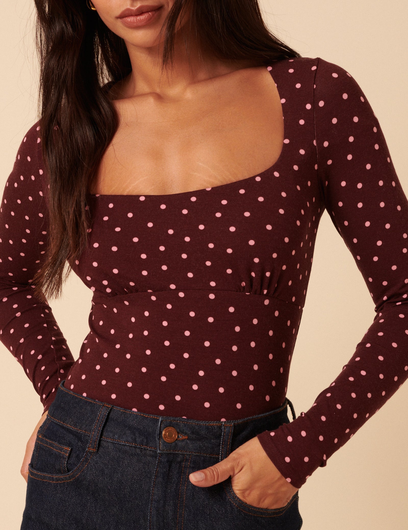 Burgundy Polka Dot Long Sleeve Top