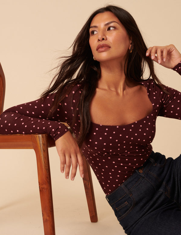Burgundy Polka Dot Long Sleeve Top