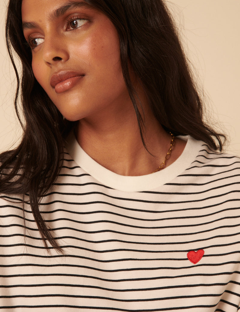Black And White Striped Heart Embroidered T-Shirt