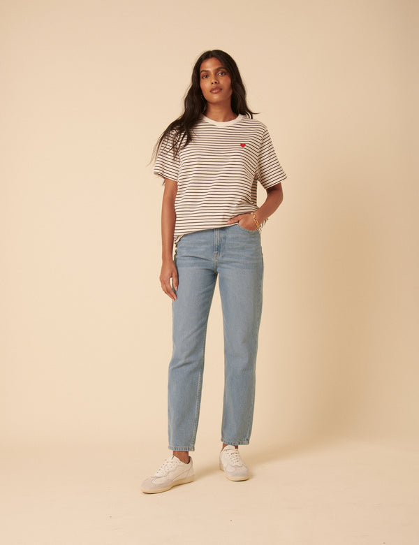 Black And White Striped Heart Embroidered T-Shirt