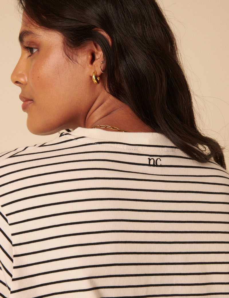 Black And White Striped Heart Embroidered T-Shirt
