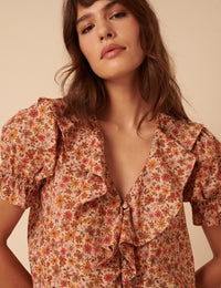 Pink Floral Puff Sleeve Blouse