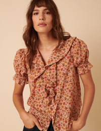 Pink Floral Puff Sleeve Blouse