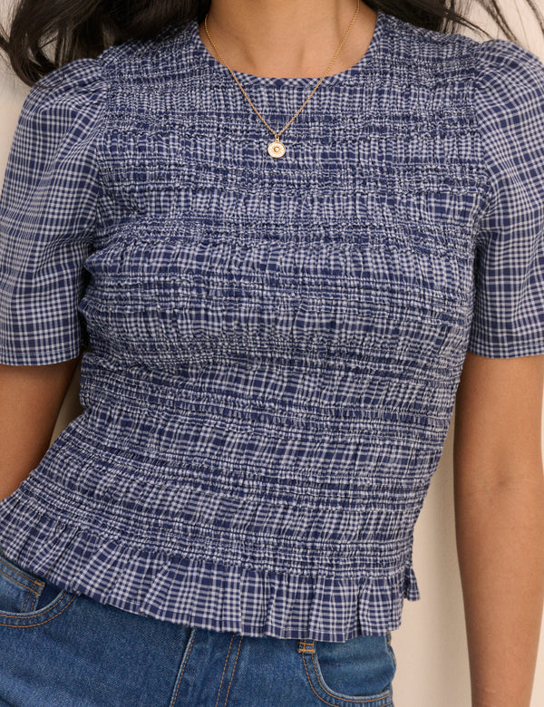 Blue Check Shirred Top
