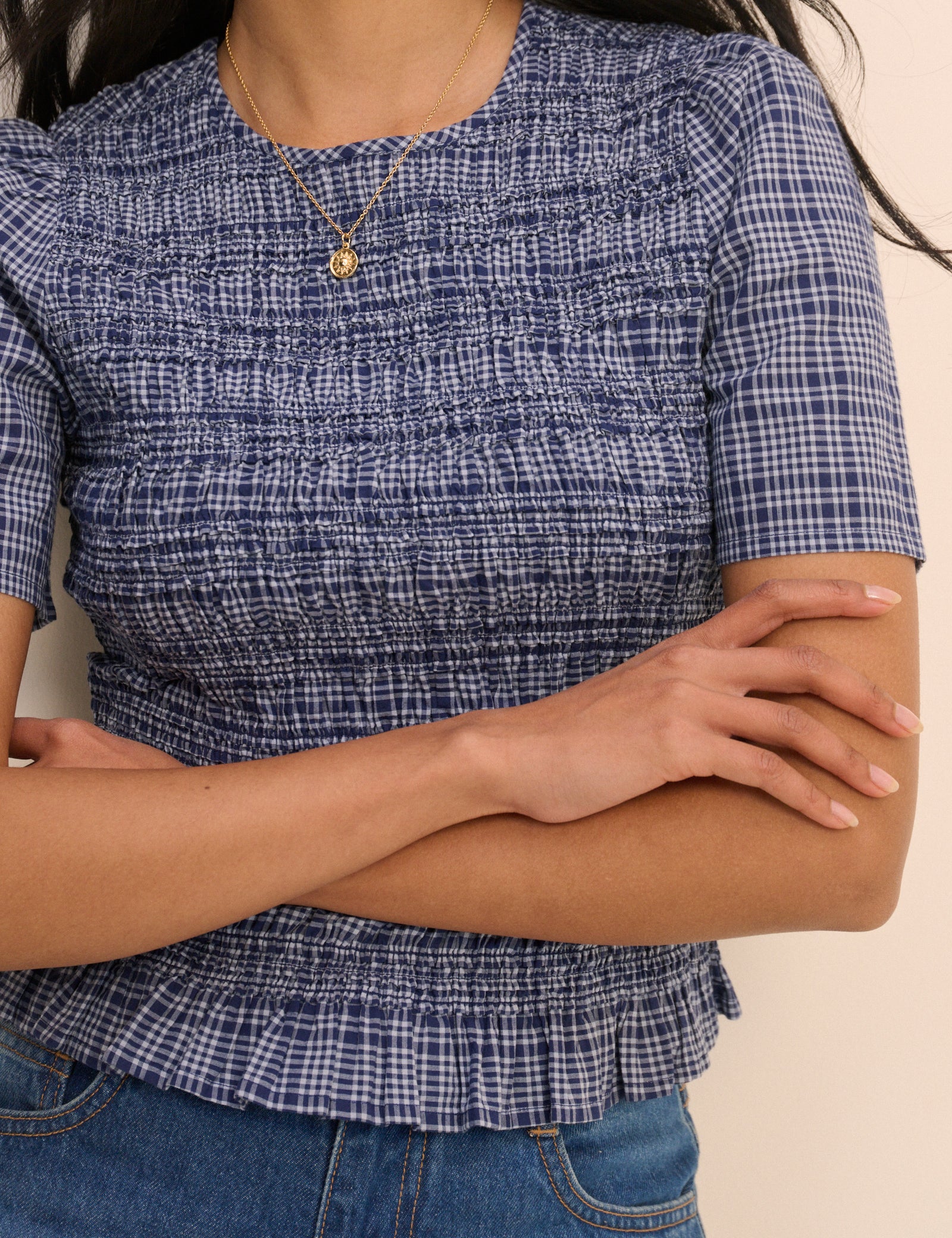 Blue Check Shirred Top