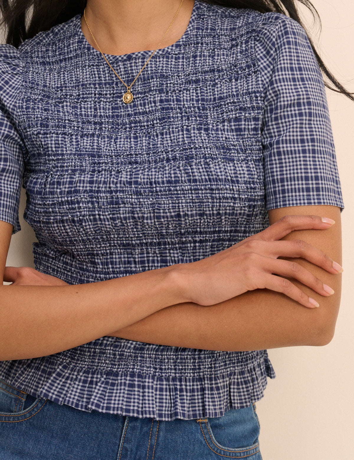 Blue Check Shirred Top