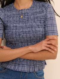 Blue Check Shirred Top