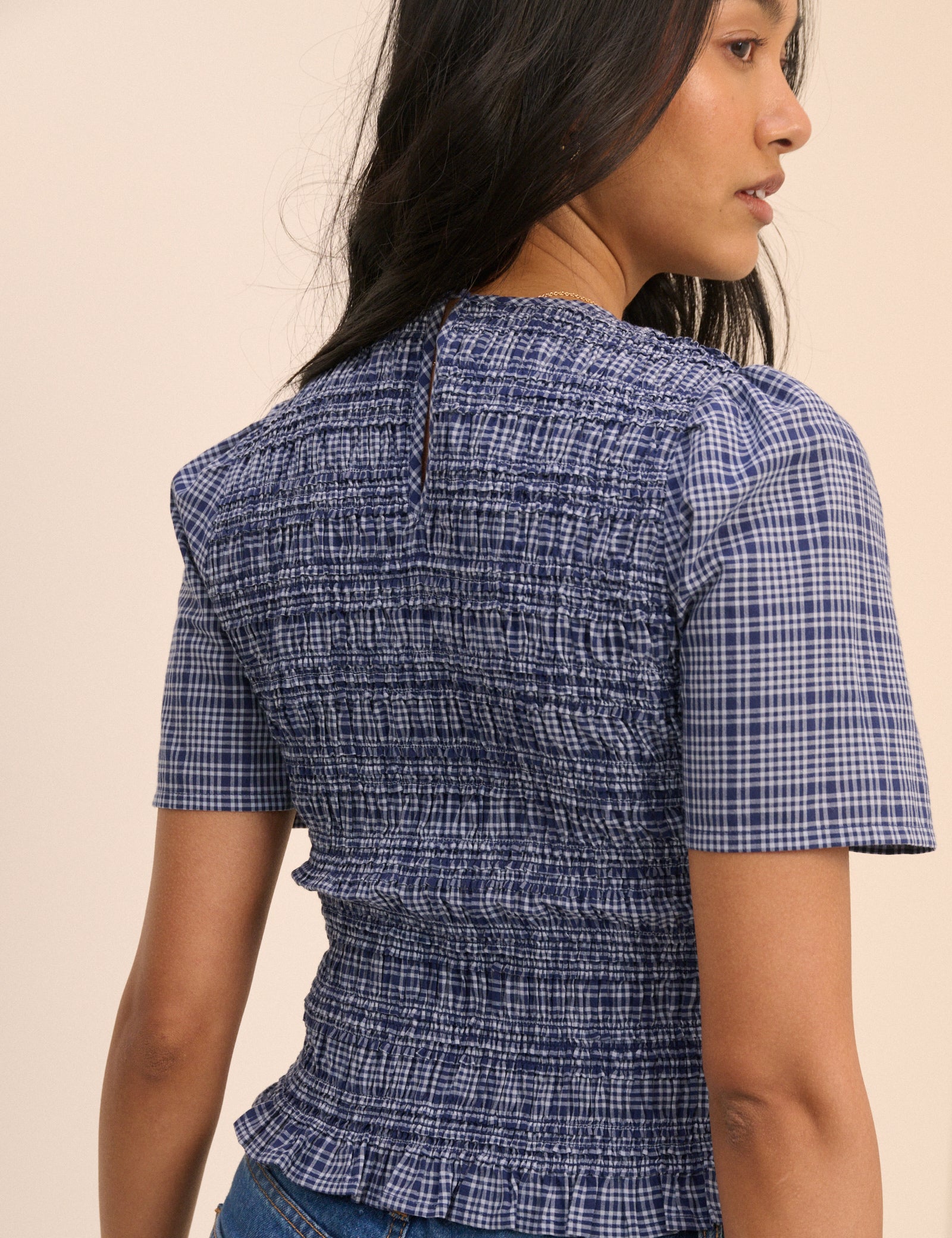 Blue Check Shirred Top