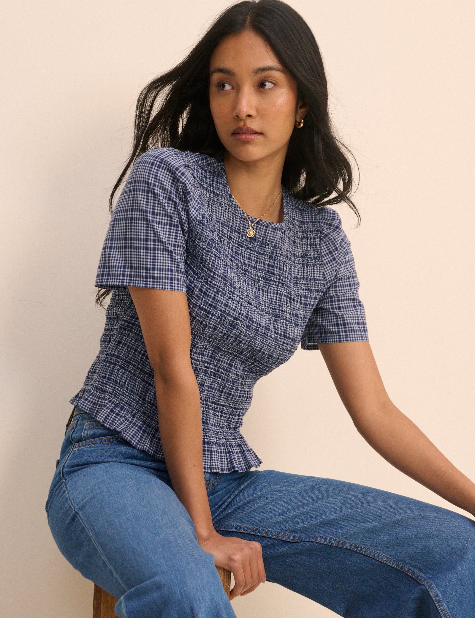 Blue Check Shirred Top