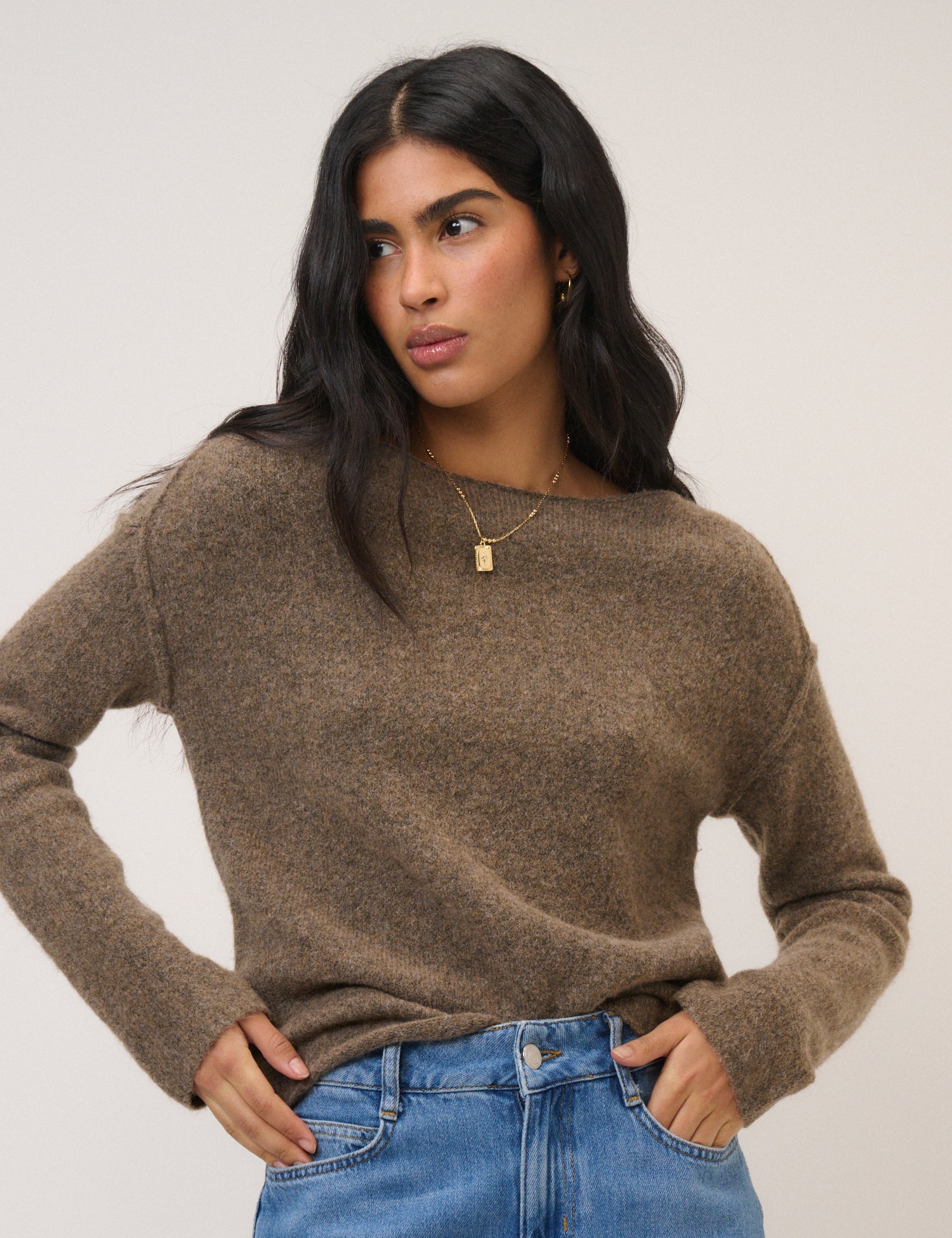 Brown Slash Neck Knitted Jumper