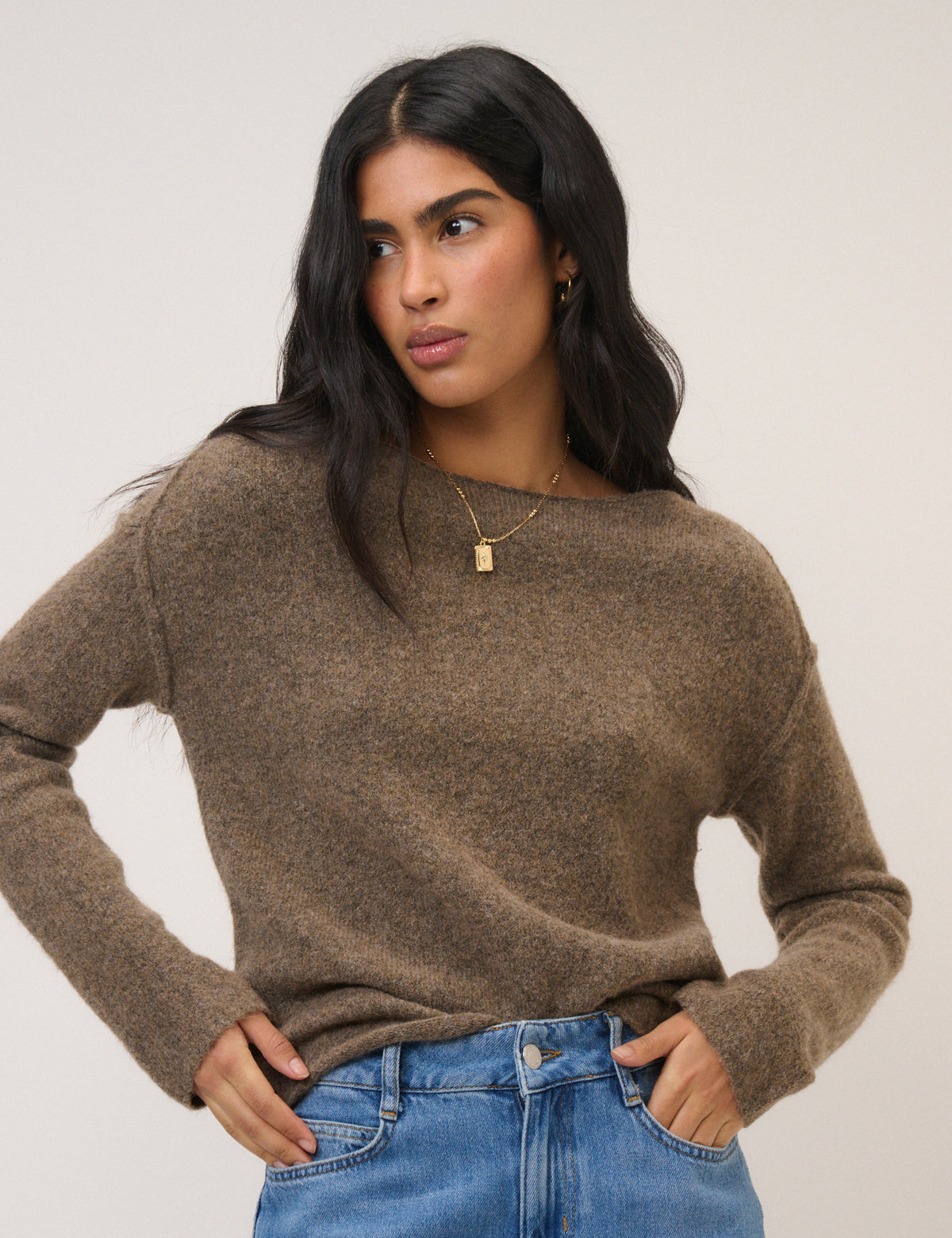 Brown Slash Neck Knitted Jumper
