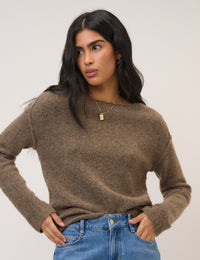 Brown Slash Neck Knitted Jumper
