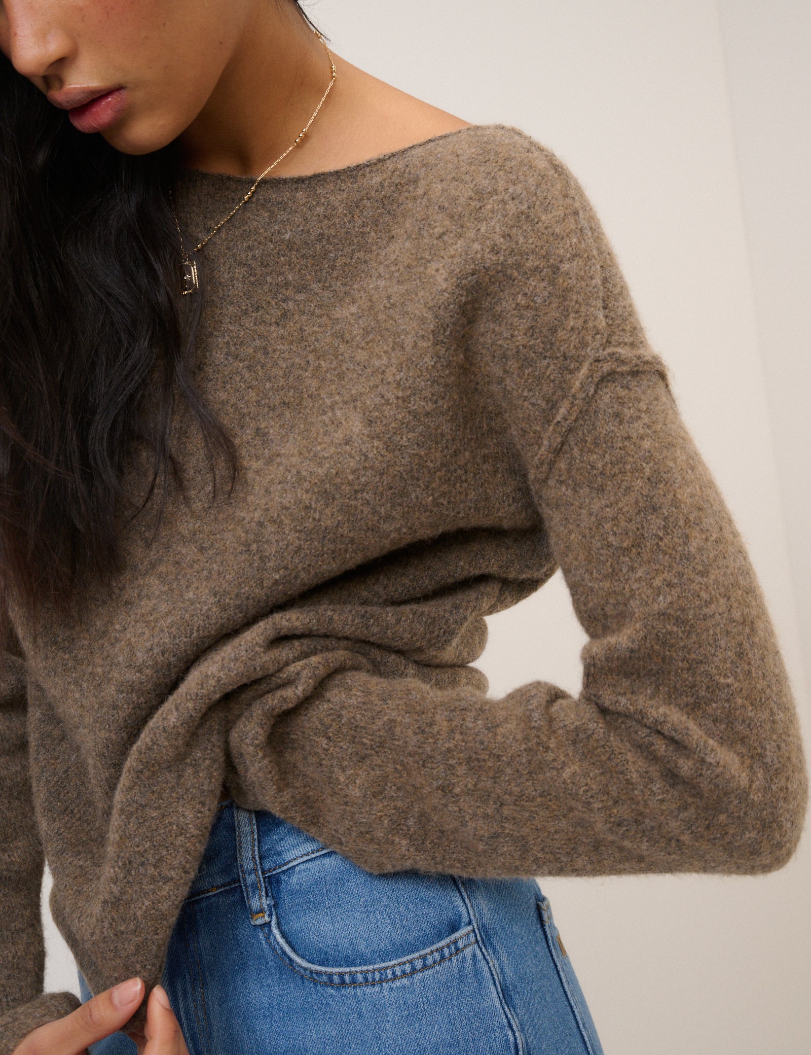 Brown Slash Neck Knitted Jumper