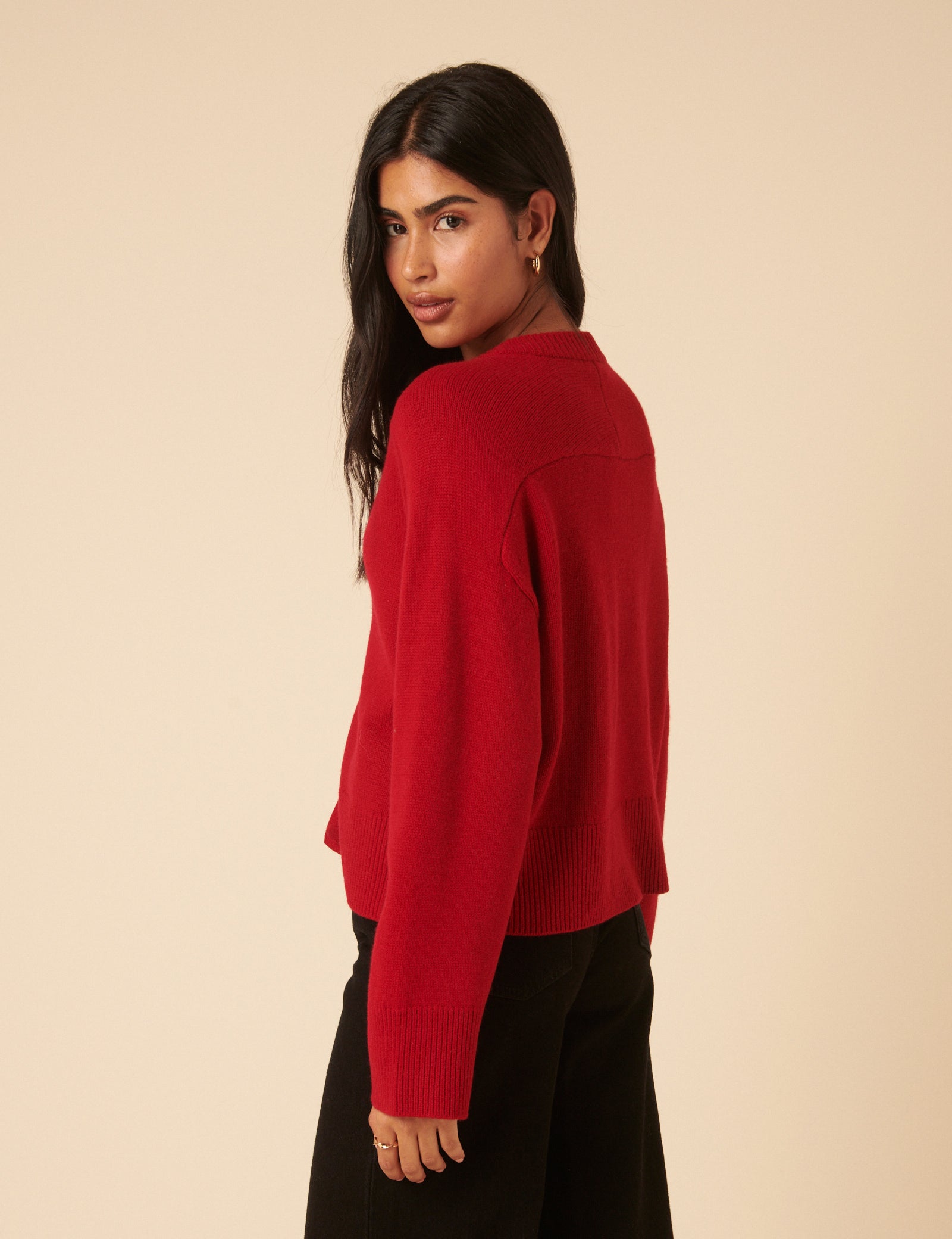 Red Wool Crew Neck Cardigan